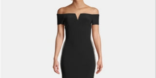 Xscape Women's Embellished Zippered Short Sleeve Off Shoulder Full Length Sheath Formal Dress Black Size 8 Petite