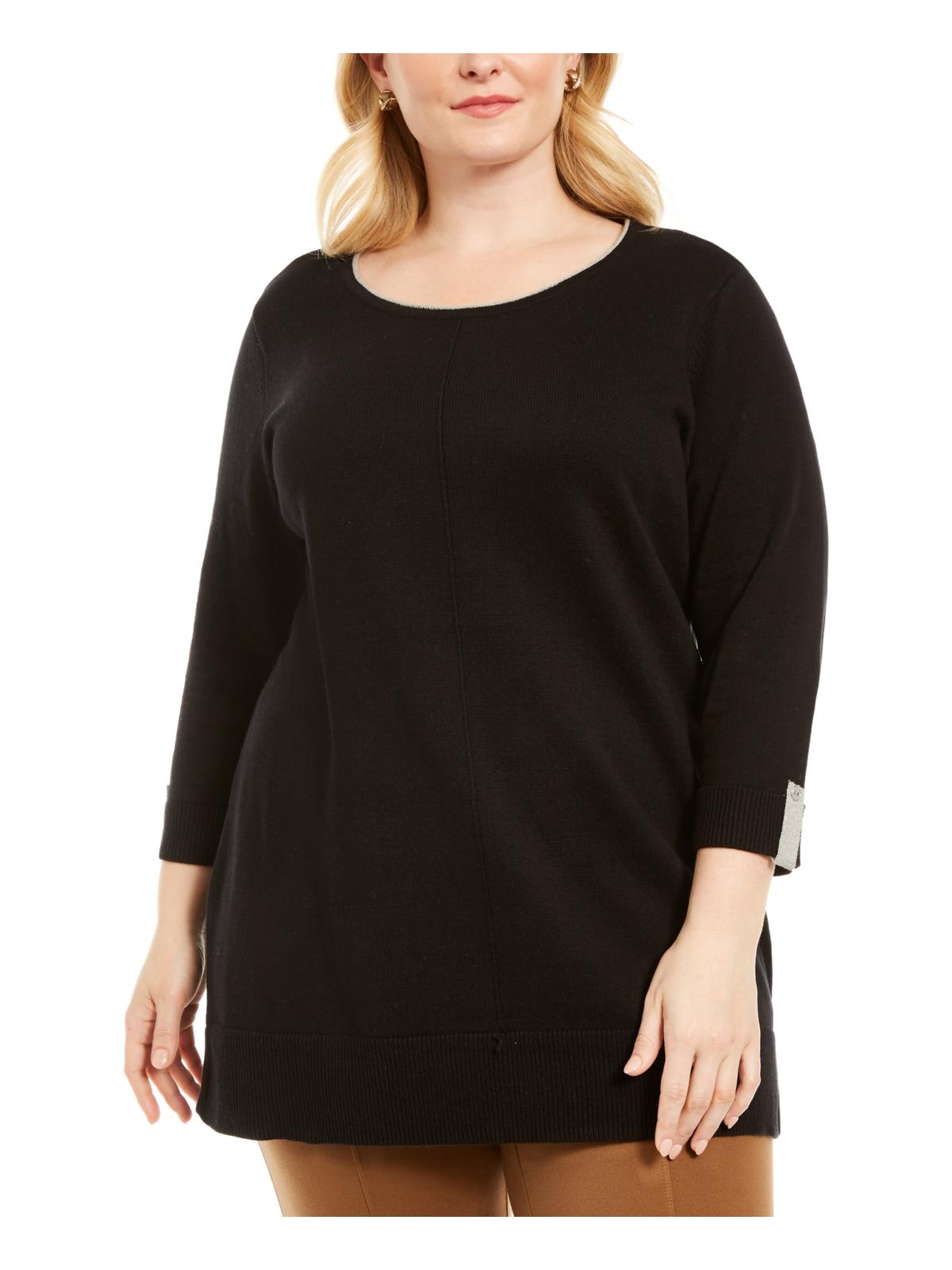 Karen Scott Women's Plus Cotton Contrast Trim Crewneck Sweater Black Size 0X