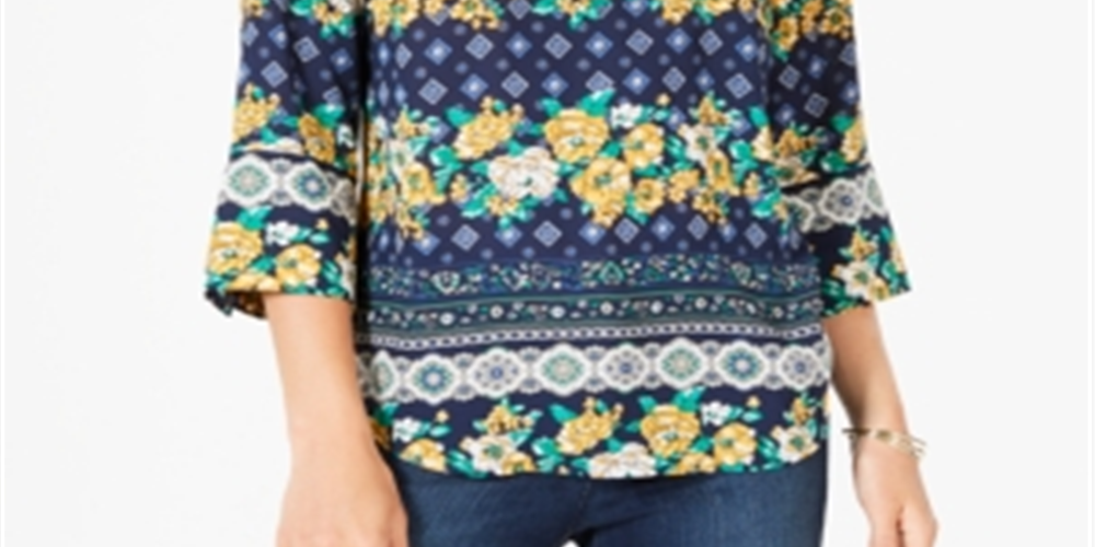 Charter Club Women's 3/4 Sleeve Printed Top Navy Size Petite XL