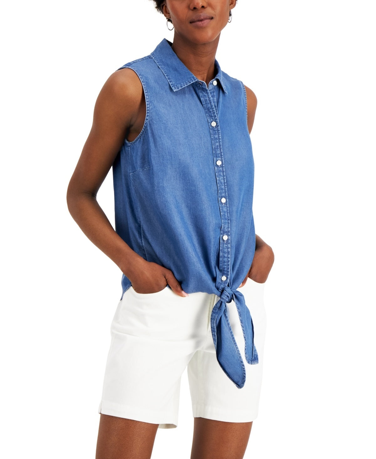 Charter Club Women's Cotton Tie-Hem Sleeveless Shirt Blue Size 8