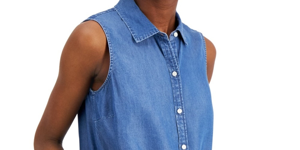 Charter Club Women's Cotton Tie-Hem Sleeveless Shirt Blue Size 8