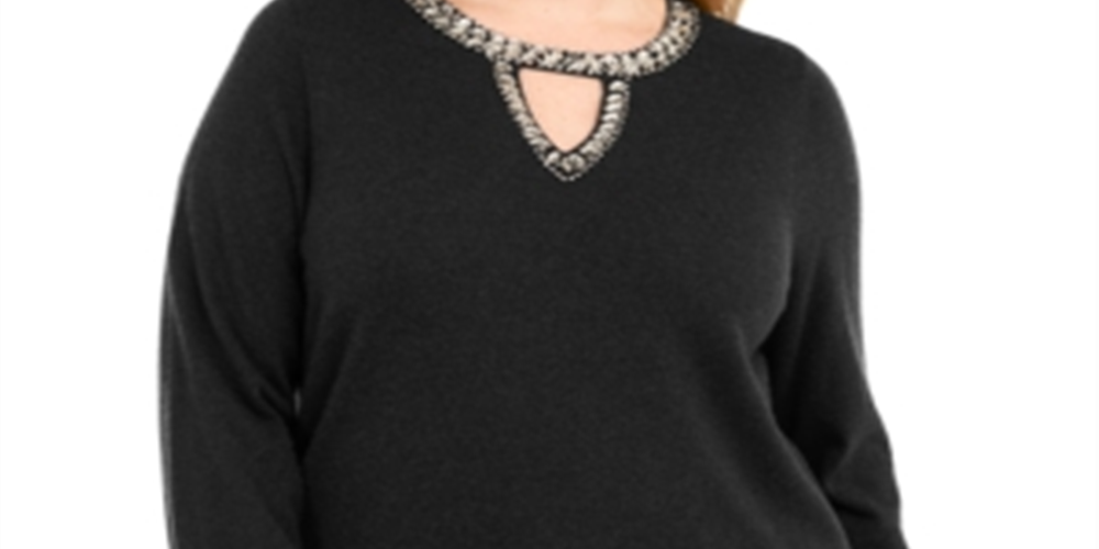 INC International Concepts Women's Plus Embellished Keyhole Sweater Black Size -0X