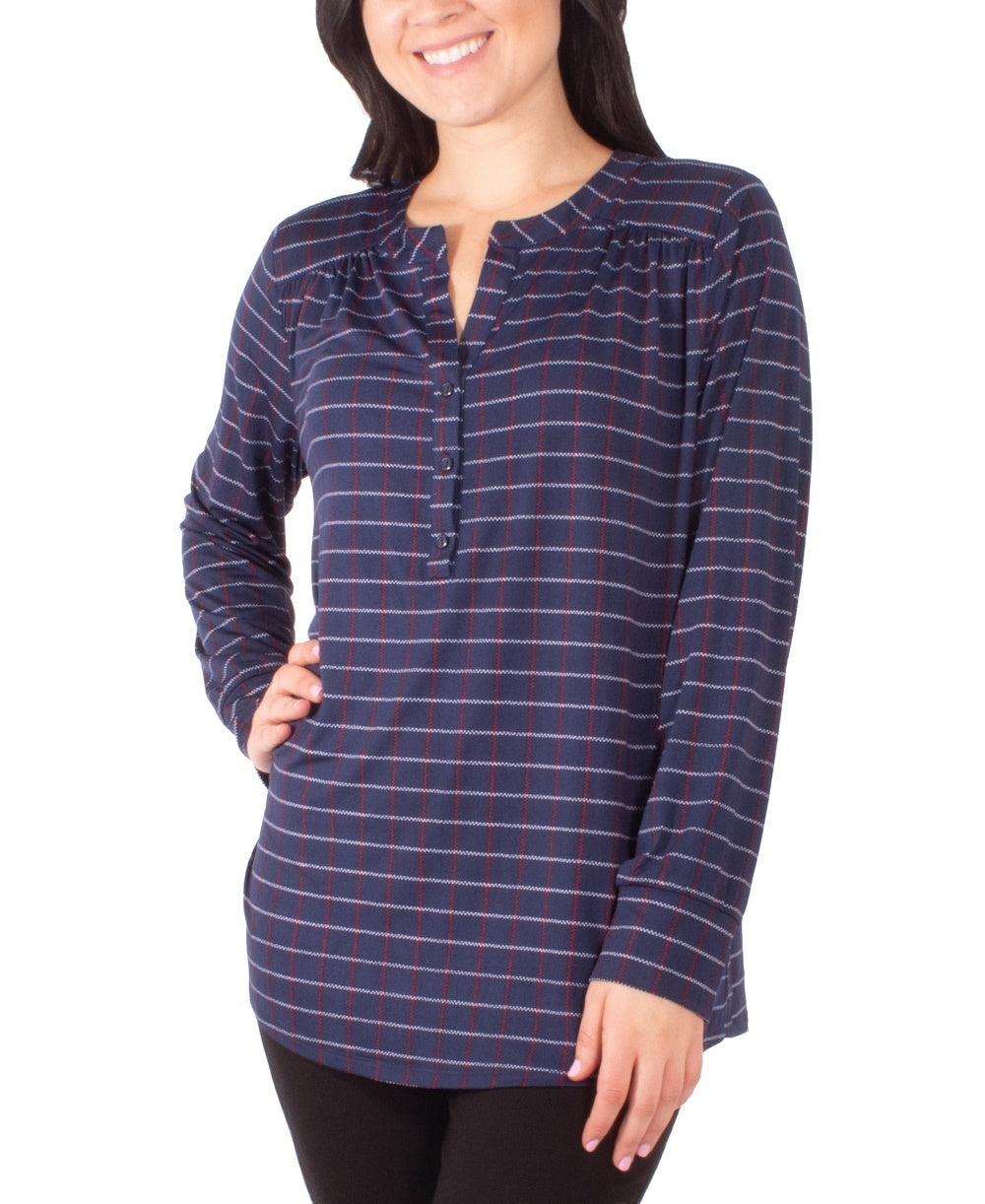 NY Collection Women's Petite Printed Henley Top Navy Size Medium