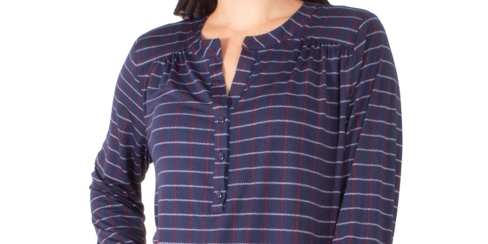 NY Collection Women's Petite Printed Henley Top Navy Size Medium