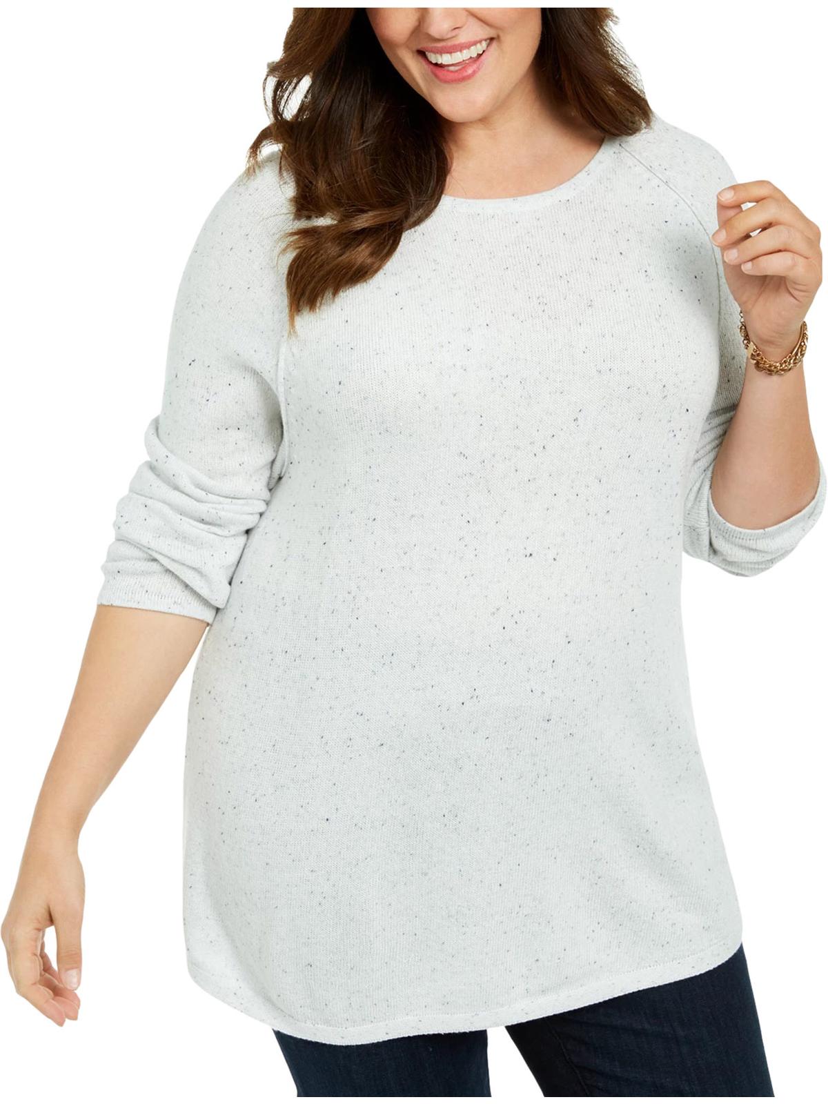 Karen Scott Women's Plus Curved Hem Confetti Speckled Sweater White Size 0X