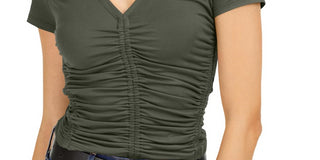 Bar III Women's Ruched Knit T-Shirt -Green Size S