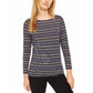 Anne Klein Women's Blue Striped Long Sleeve Jewel Neck Top Blue Size X-Large