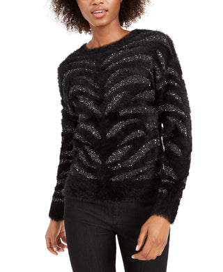 Bar III Women's Black Sequined Animal Print Long Sleeve Jewel Neck Sweater Black Size Small