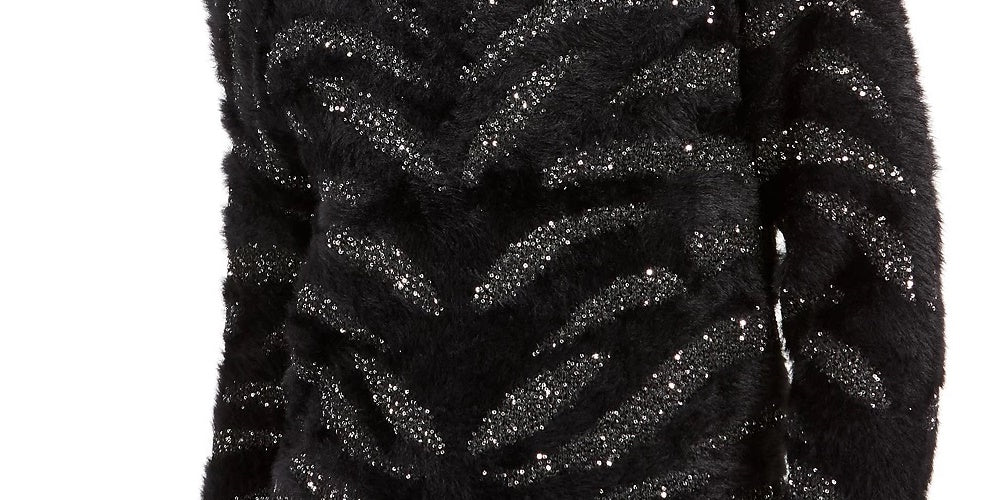 Bar III Women's Black Sequined Animal Print Long Sleeve Jewel Neck Sweater Black Size Small