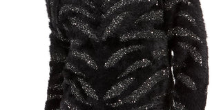 Bar III Women's Black Sequined Animal Print Long Sleeve Jewel Neck Sweater Black Size Small