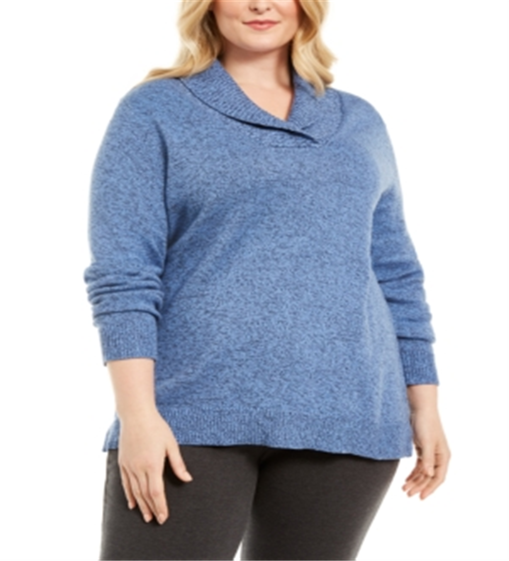 Karen Scott Women's Plus Marled Cotton Shawl Collar Sweater Blue Size 0X