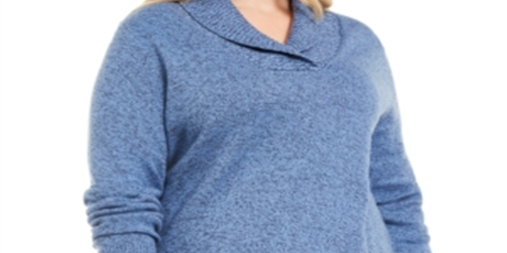 Karen Scott Women's Plus Marled Cotton Shawl Collar Sweater Blue Size 0X