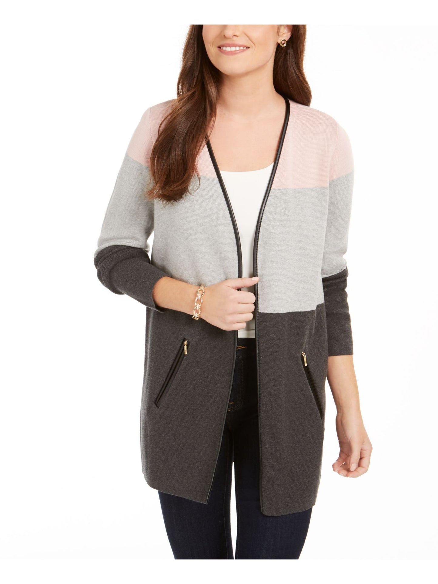 Charter Club Women's Color Block Long Sleeve Open Cardigan T-Shirt Sweater Gray Size Petite Small
