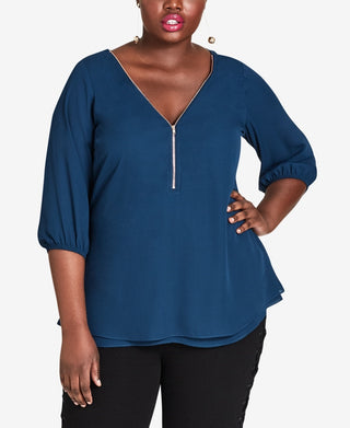 City Chic Women's Plus Sexy Fling Zip Front Top Blue Size 20W