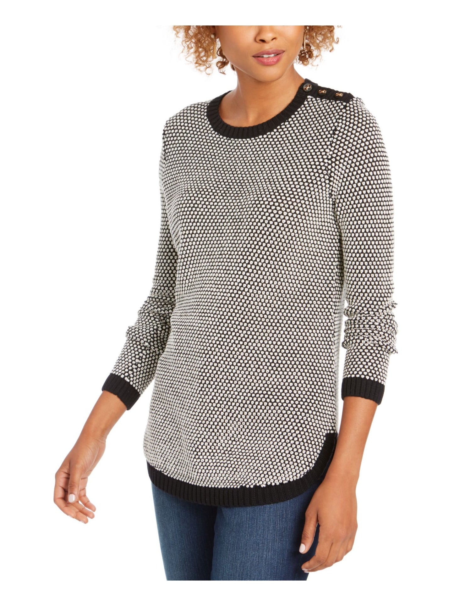 Charter Club Women's Textured Knitted 3/4 Sleeve Sweater Black-White Size Petite Small