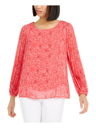 Alfani Women's Coral Sheer Lined Floral Long Sleeve Scoop Neck Wear to Work Blouse Pink Size Petite Large
