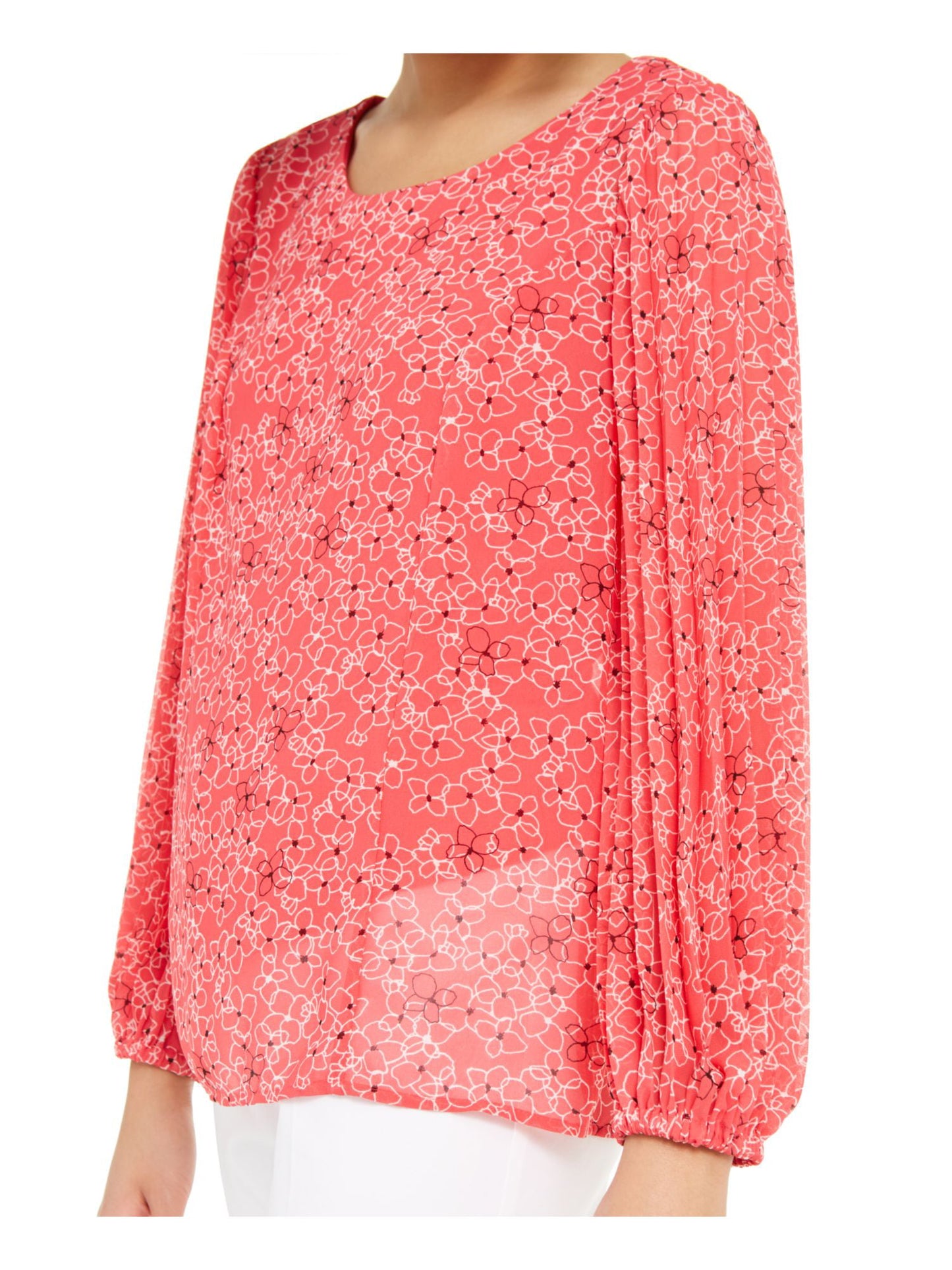 Alfani Women's Coral Sheer Lined Floral Long Sleeve Scoop Neck Wear to Work Blouse Pink Size Petite Large