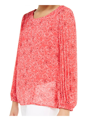 Alfani Women's Coral Sheer Lined Floral Long Sleeve Scoop Neck Wear to Work Blouse Pink Size Petite Large