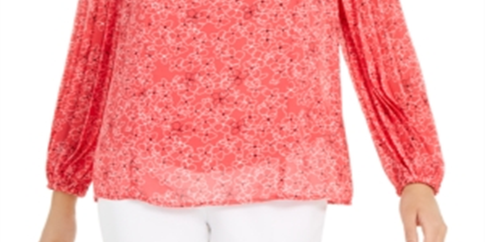 Alfani Women's Coral Sheer Lined Floral Long Sleeve Scoop Neck Wear to Work Blouse Pink Size Petite Large