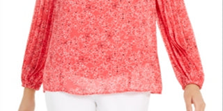 Alfani Women's Coral Sheer Lined Floral Long Sleeve Scoop Neck Wear to Work Blouse Pink Size Petite Large