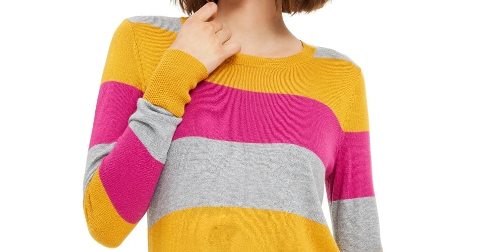 Maison Jules Women's Color Block Long Sleeve Jewel Neck T-Shirt Sweater Yellow Size Medium