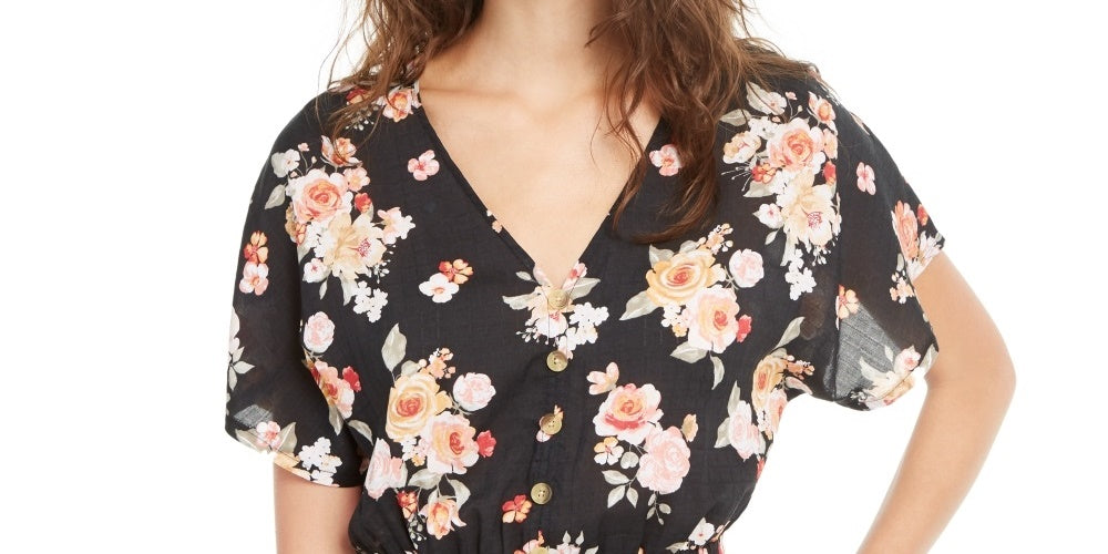 Planet Gold Junior's ' Smocked Floral Print Top Black Size Large