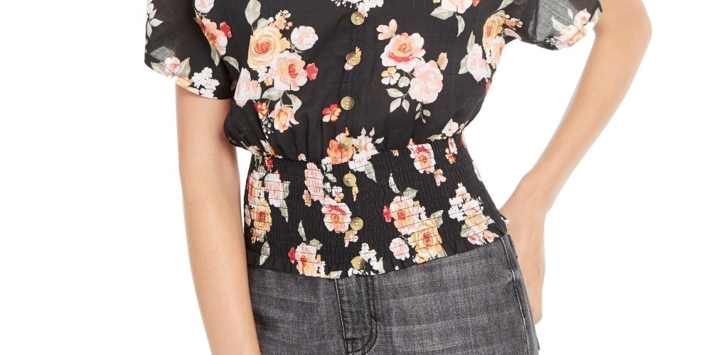 Planet Gold Junior's ' Smocked Floral Print Top Black Size Large