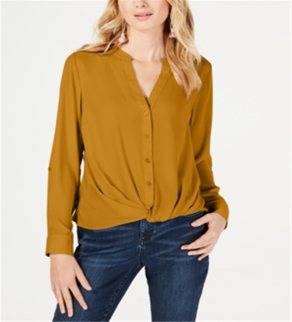 INC International Concepts Women's Twist Front Button up Top India Gold Size Petite L