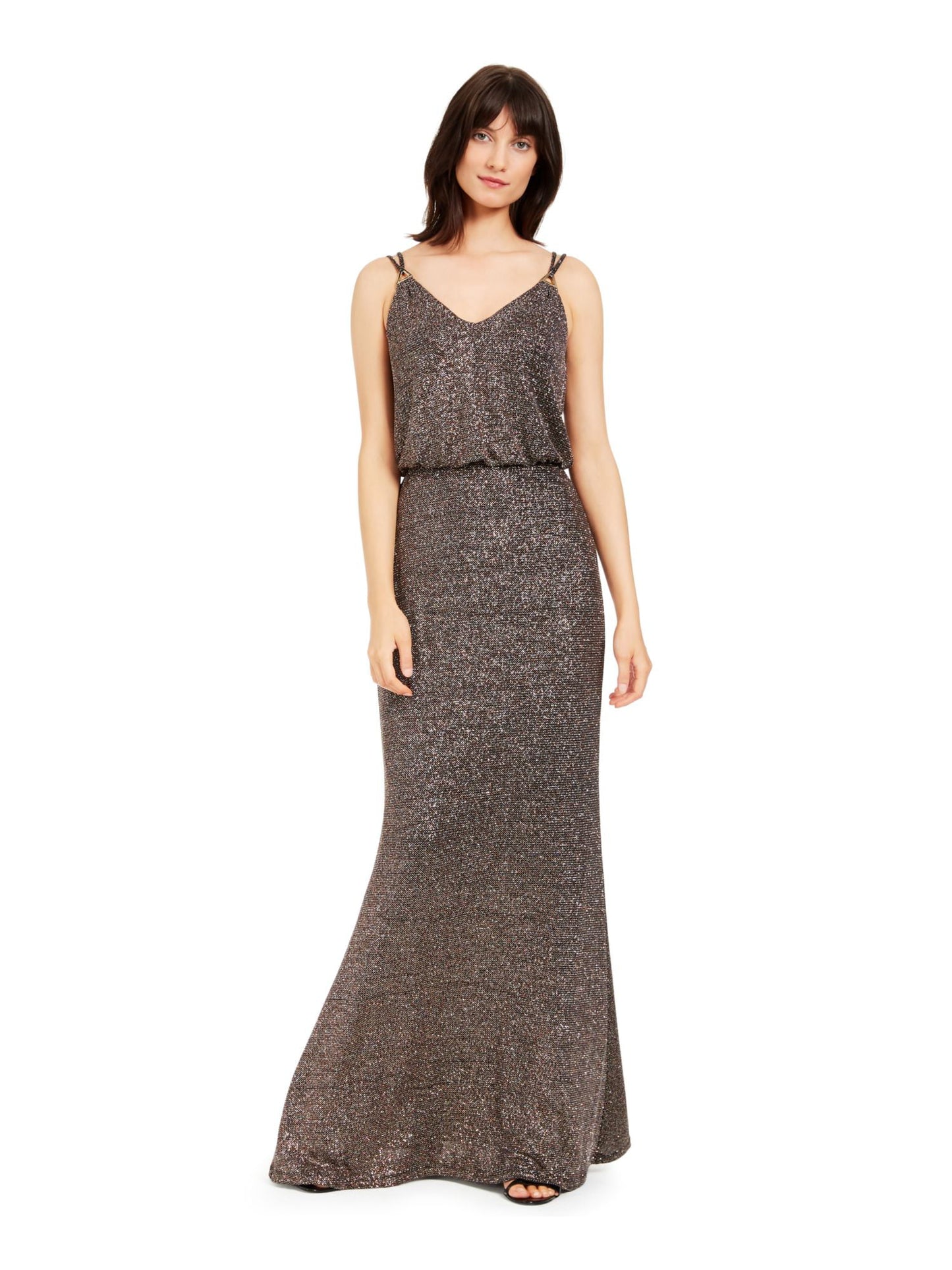 Calvin Klein Women's Glitter Spaghetti Strap V Neck Full Length Evening Blouson Dress Black Size 10