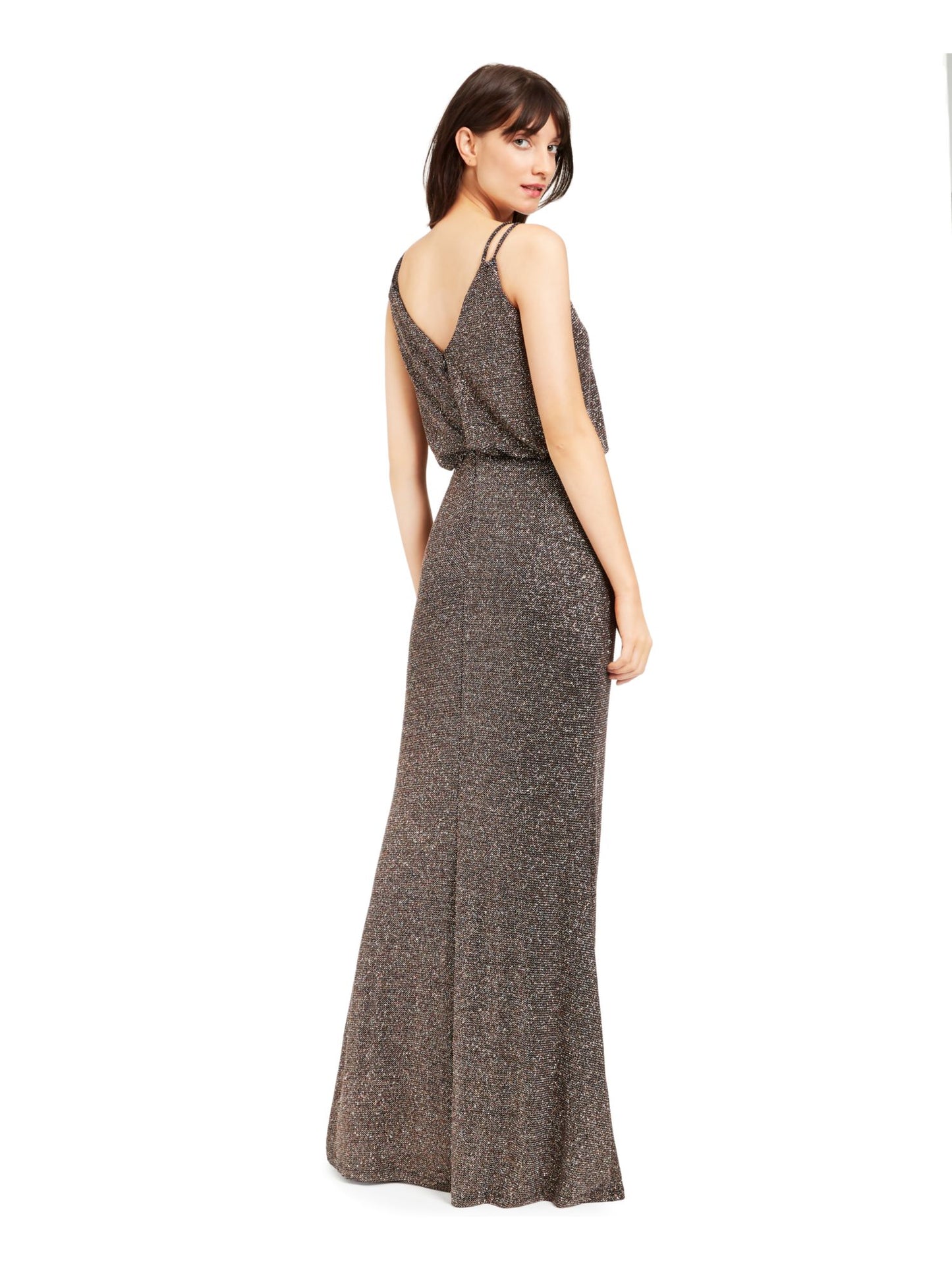 Calvin Klein Women's Glitter Spaghetti Strap V Neck Full Length Evening Blouson Dress Black Size 10