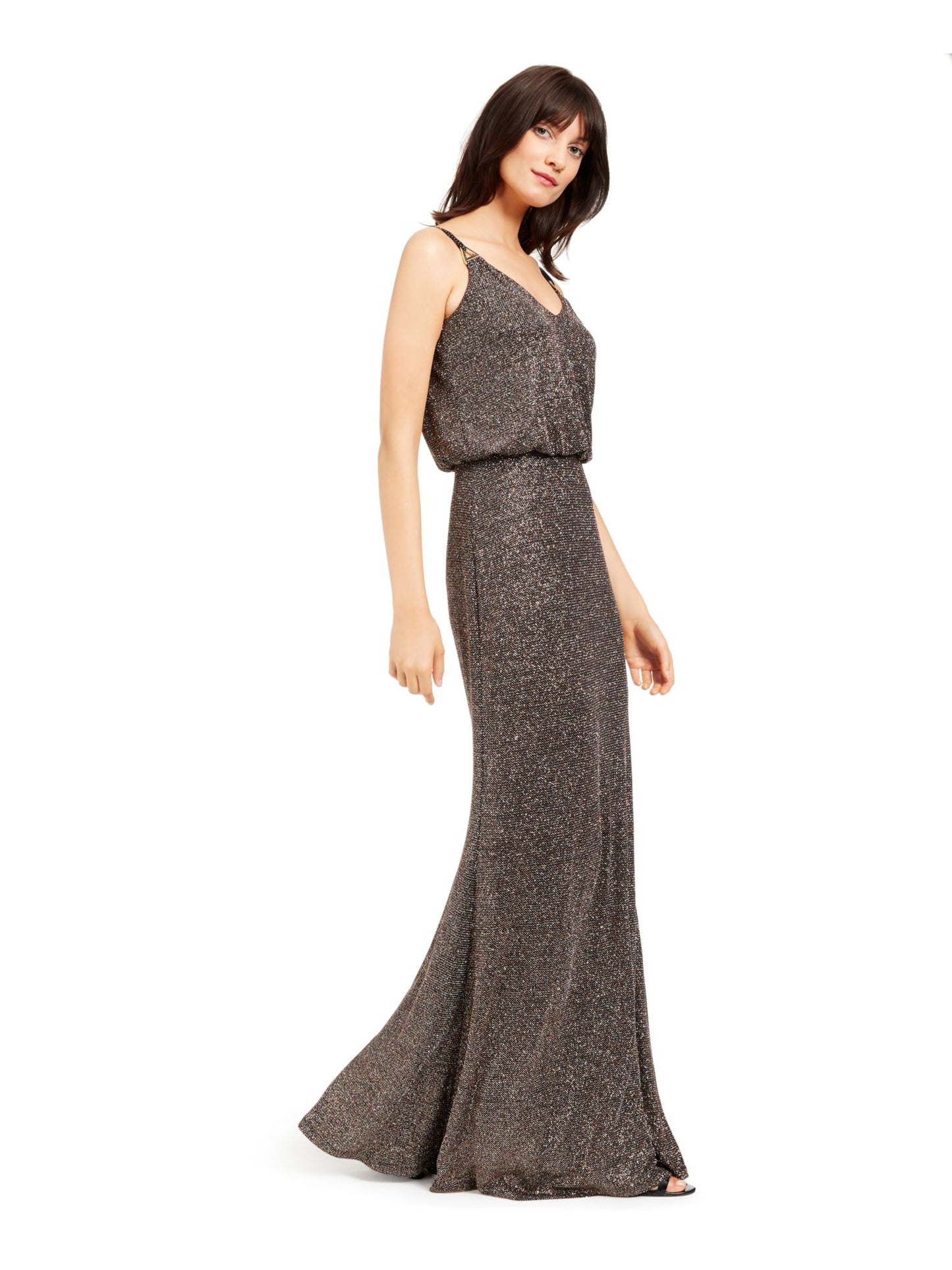 Calvin Klein Women's Glitter Spaghetti Strap V Neck Full Length Evening Blouson Dress Black Size 10