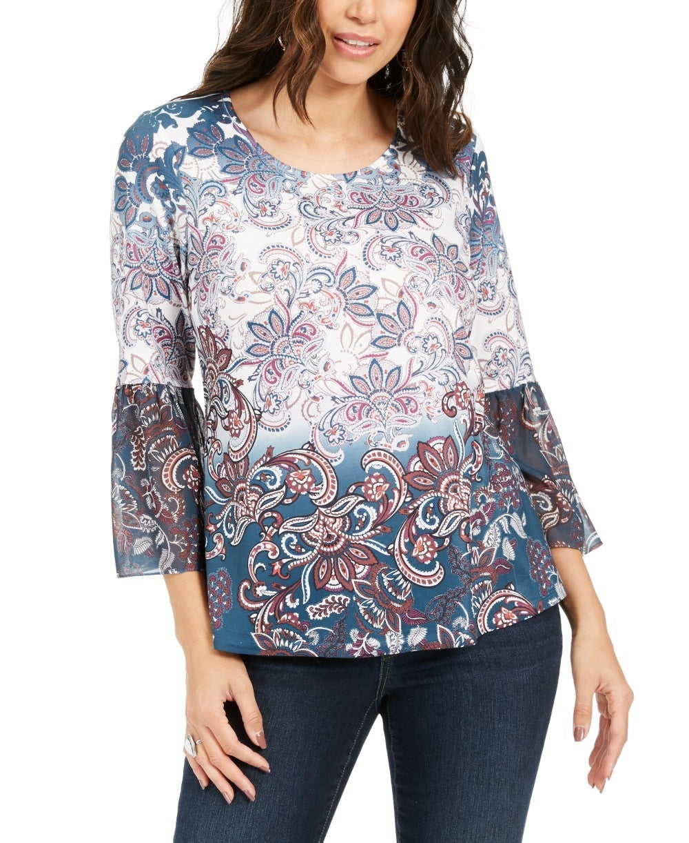 Style & Co Women's Printed Bell Sleeve Top Blue Size Medium