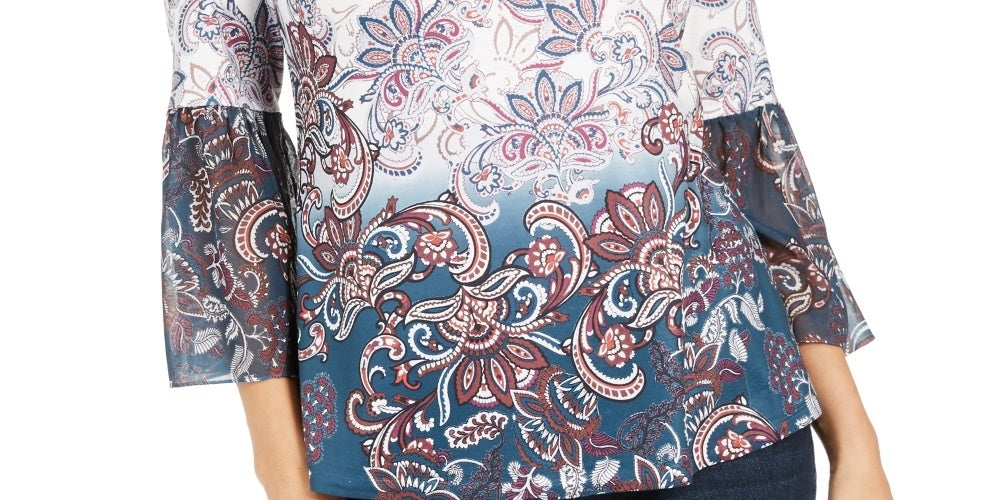 Style & Co Women's Printed Bell Sleeve Top Blue Size Medium