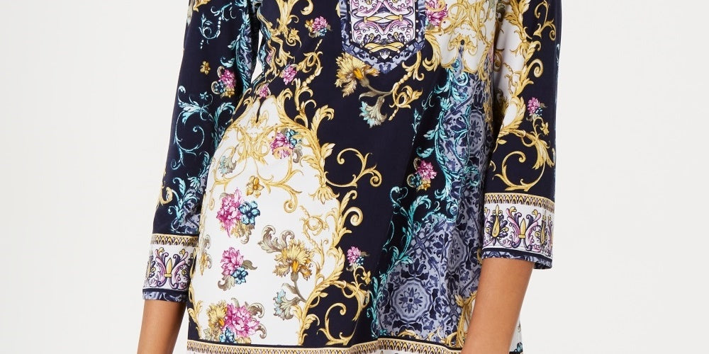 JM Collection Women's Printed Embellished Tunic Blue Size Petite Small