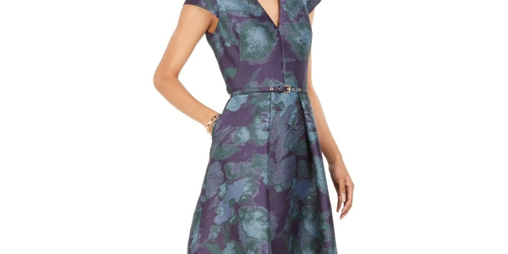 Vince Camuto Women's Belted Floral Print Fit & Flare Dress Blue Size 4