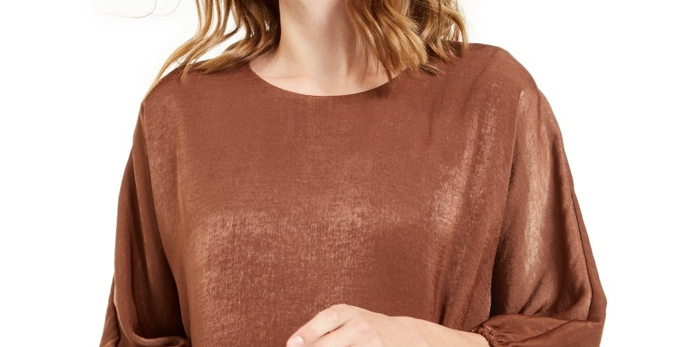 Alfani Women's Satin Dolman Sleeve Bubble Top Brown Size Small
