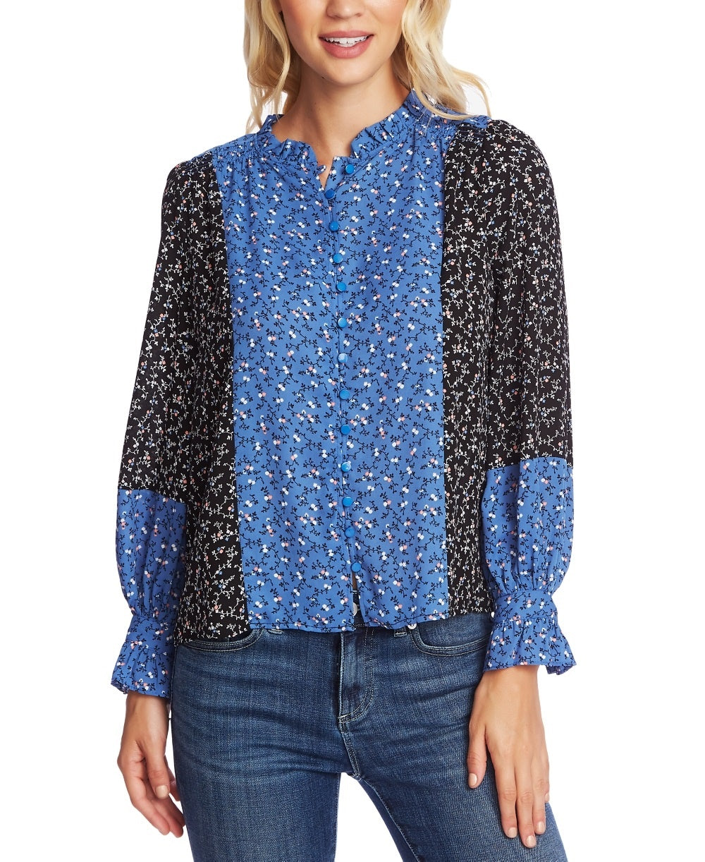 CeCe Women's Budding Floral Colorblock Long Sleeve Top Blue Size Large
