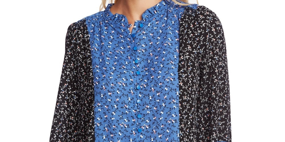 CeCe Women's Budding Floral Colorblock Long Sleeve Top Blue Size Large