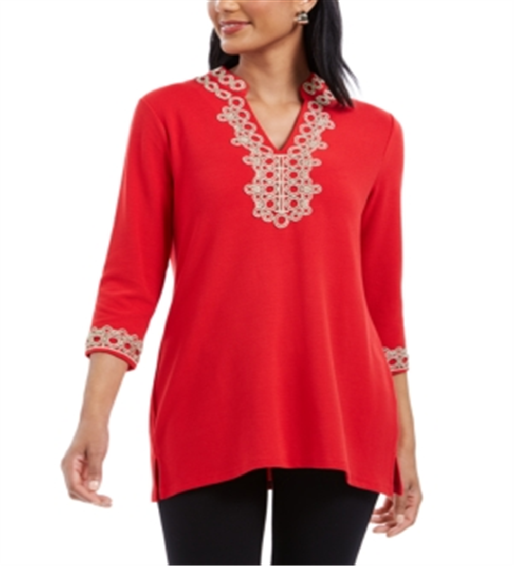 Charter Club Women's 3/4 Sleeve Textured Tunic Red Size Petite L