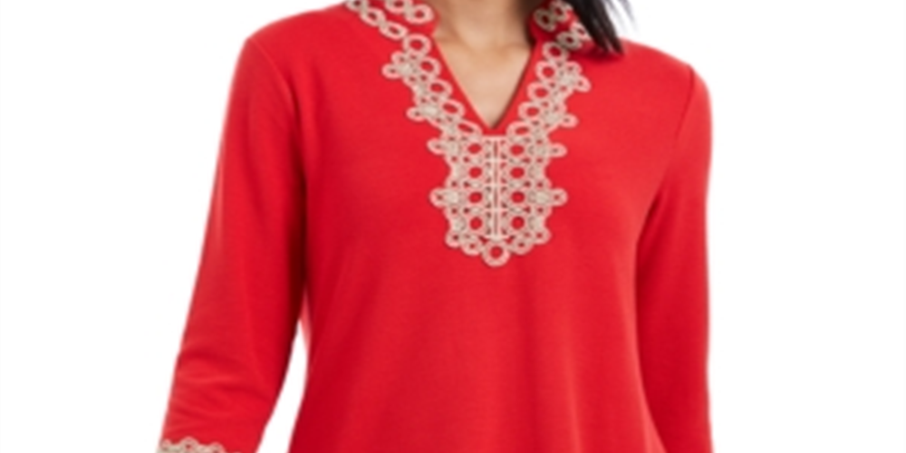 Charter Club Women's 3/4 Sleeve Textured Tunic Red Size Petite L