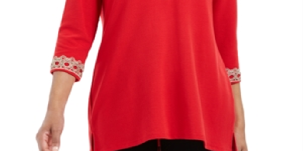 Charter Club Women's 3/4 Sleeve Textured Tunic Red Size Petite L