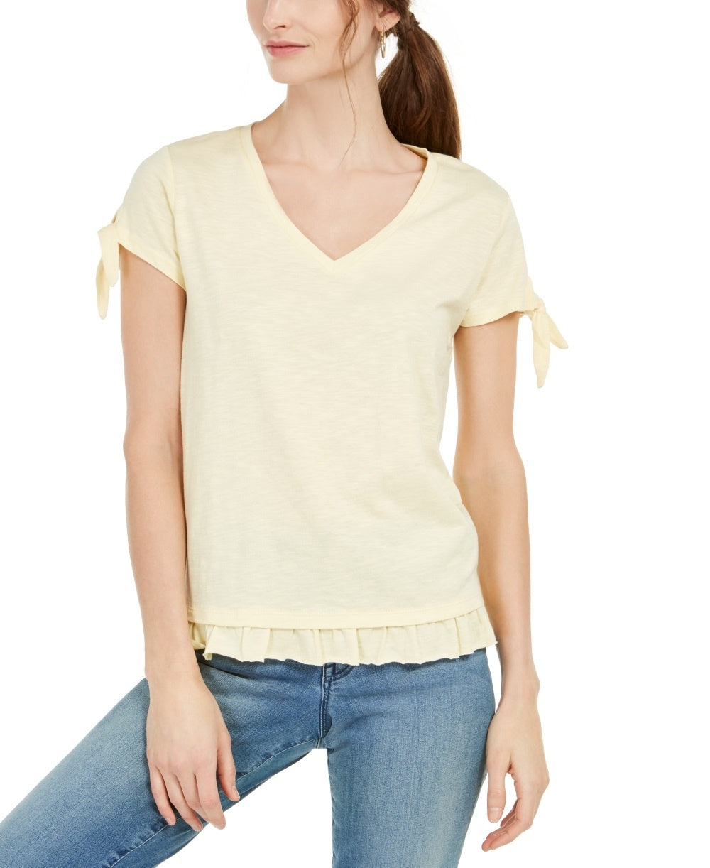 Style & Co Women's Tie Sleeve Ruffled Top Yellow Size X-Small