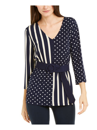 Alfani Women's Tie Polka Dot 3/4 Sleeve Blouse Party Top Blue Size Petite Small