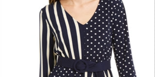 Alfani Women's Tie Polka Dot 3/4 Sleeve Blouse Party Top Blue Size Petite Small