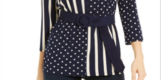 Alfani Women's Tie Polka Dot 3/4 Sleeve Blouse Party Top Blue Size Petite Small