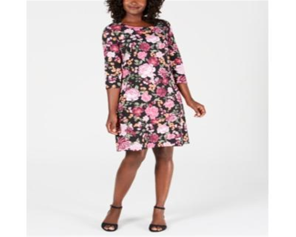 Karen Scott Women's Printed Scoop Neck Dress Black multi Size Petite S