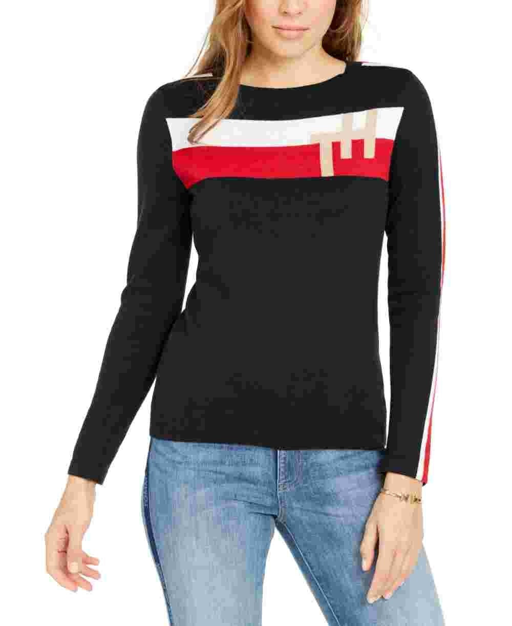 Tommy Hilfiger Women's Color Block Long Sleeve V Neck T-Shirt Sweater Black Size Large