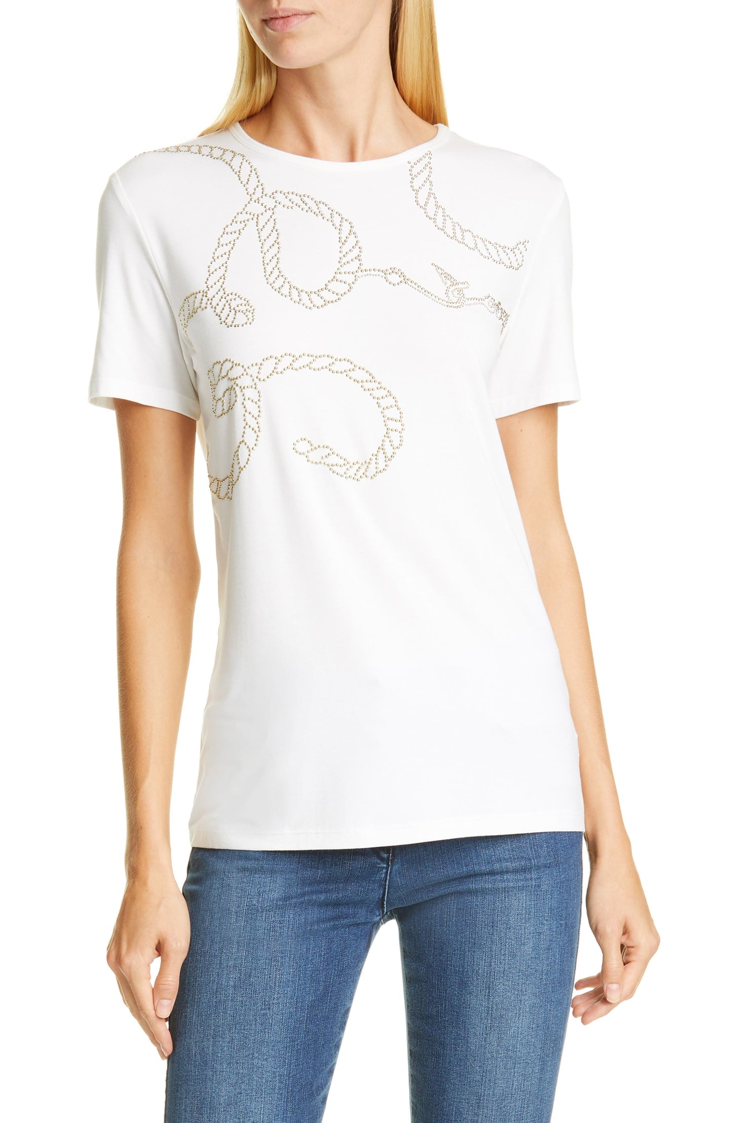 St. John Collection Women's Studded Soft Wash Jersey Tee Size White Size Small