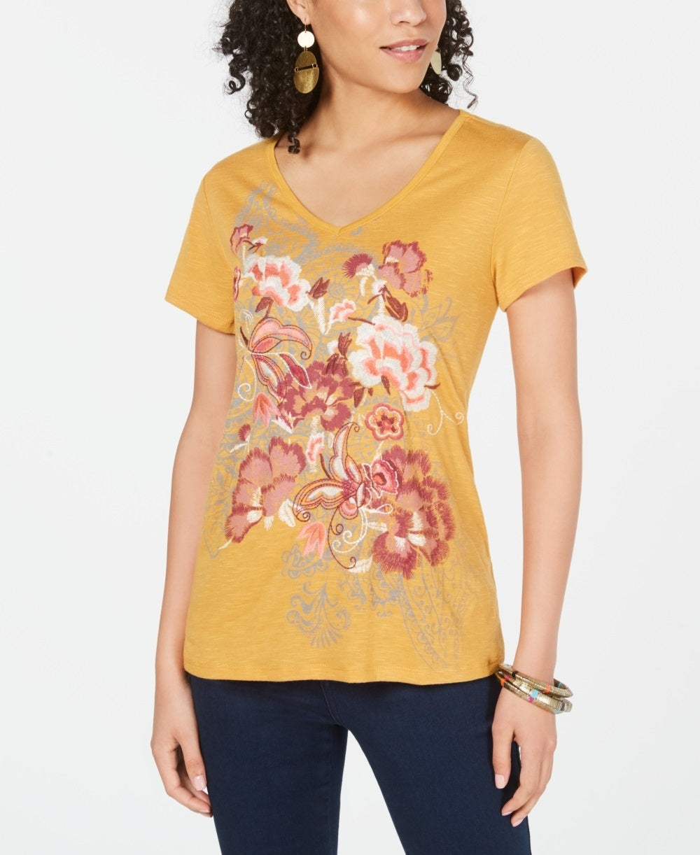 Style & Co Women's Floral Graphic V Neck Top Yellow Size X-Small