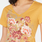 Style & Co Women's Floral Graphic V Neck Top Yellow Size X-Small